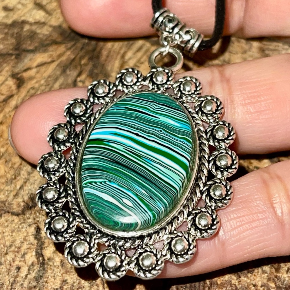 Green & White Rainbow Calsilica Pendant 2 1/2”